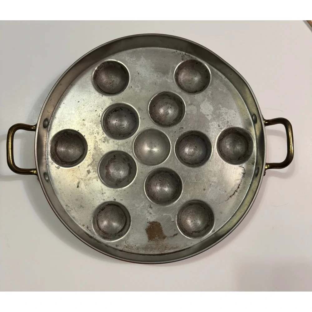 Vintage Copper Escargot Pan 12 Wells Brass Handles French Snail Baking 10.5in